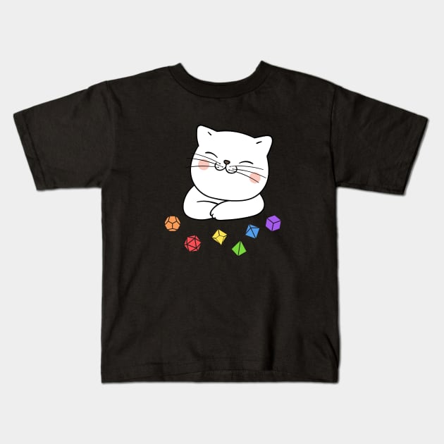 Rainbow Dungeon Meowster Kitten with Polyhedral Dice Set Kids T-Shirt by dungeonarmory